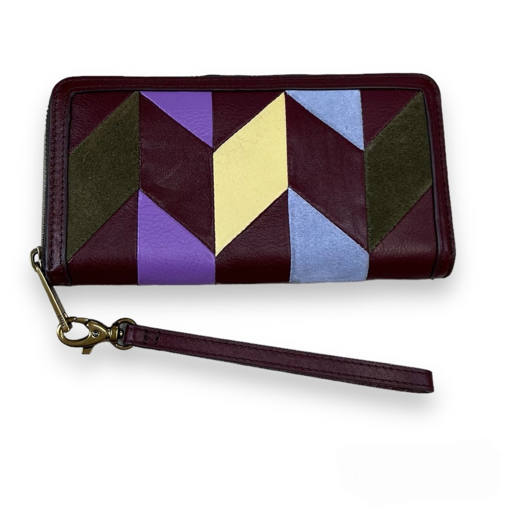 Fossil RFID Zip Around Logan Patchwork Leather Wallet Clutch burgundy